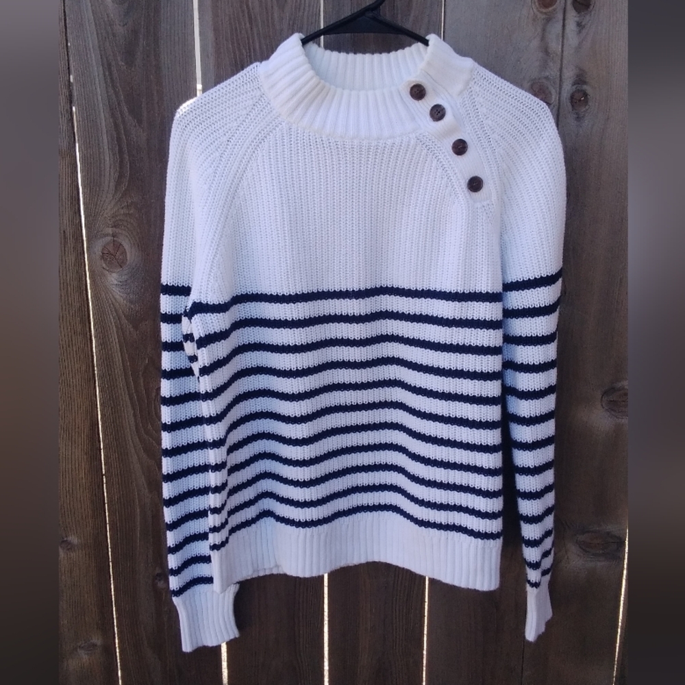 J. Crew Sweater Nautical Navy Striped Cotton Crewneck Buttons XS